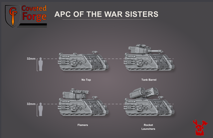 APC of the War Sisters, four turret builds beside a 32mm human for scale