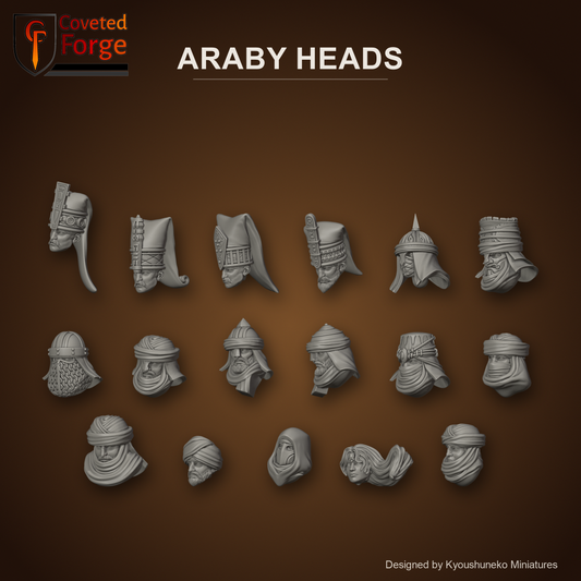 Araby Heads by Kyoushuneko Miniatures: one head of each of the 17 styles in warm clay on a dark desert-brown backdrop, Janissary Archers, Janissary Gunners, Janissary Spearmen and Halberdiers, Janissary Swordsmen, Palace Guard, Pegasus Guard, Camel Cavalry, Desert Riders, Archers, Crossbowmen, Dervishes, Skirmishers, Carpet Riders, Corsairs, Assassins, Blade Dancers, Grand Bombard Crew, unpainted 3D-printed resin heads for 28mm, 32mm and 35mm desert army conversions.