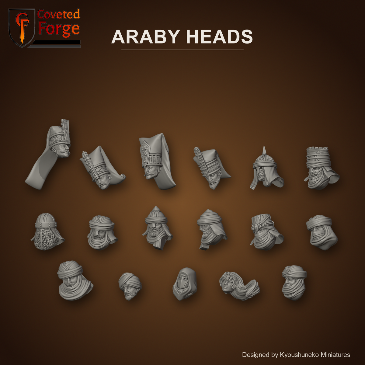 Araby Heads by Kyoushuneko Miniatures: one head of each of the 17 styles in warm clay on a dark desert-brown backdrop, Janissary Archers, Janissary Gunners, Janissary Spearmen and Halberdiers, Janissary Swordsmen, Palace Guard, Pegasus Guard, Camel Cavalry, Desert Riders, Archers, Crossbowmen, Dervishes, Skirmishers, Carpet Riders, Corsairs, Assassins, Blade Dancers, Grand Bombard Crew, unpainted 3D-printed resin heads for 28mm, 32mm and 35mm desert army conversions.