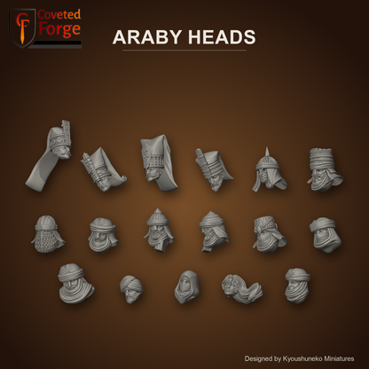 Araby Heads by Kyoushuneko Miniatures: one head of each of the 17 styles in warm clay on a dark desert-brown backdrop, Janissary Archers, Janissary Gunners, Janissary Spearmen and Halberdiers, Janissary Swordsmen, Palace Guard, Pegasus Guard, Camel Cavalry, Desert Riders, Archers, Crossbowmen, Dervishes, Skirmishers, Carpet Riders, Corsairs, Assassins, Blade Dancers, Grand Bombard Crew, unpainted 3D-printed resin heads for 28mm, 32mm and 35mm desert army conversions.