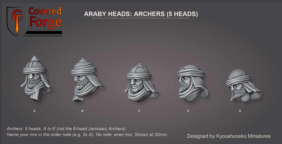 Coveted Forge bits sheet: Heads (8 of 15), Araby Heads Archers style guide, 5 different heads lettered A to E to name in the order note (not the 6-head Janissary Archers style), shown at 32mm, resin heads with neck pegs by Kyoushuneko Miniatures.