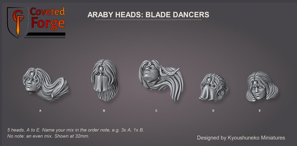 Coveted Forge bits sheet: Heads (13 of 15), Araby Heads Blade Dancers style guide, 5 different heads lettered A to E to name in the order note, shown at 32mm, resin heads with neck pegs by Kyoushuneko Miniatures.