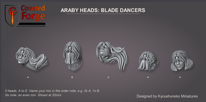 Coveted Forge bits sheet: Heads (13 of 15), Araby Heads Blade Dancers style guide, 5 different heads lettered A to E to name in the order note, shown at 32mm, resin heads with neck pegs by Kyoushuneko Miniatures.