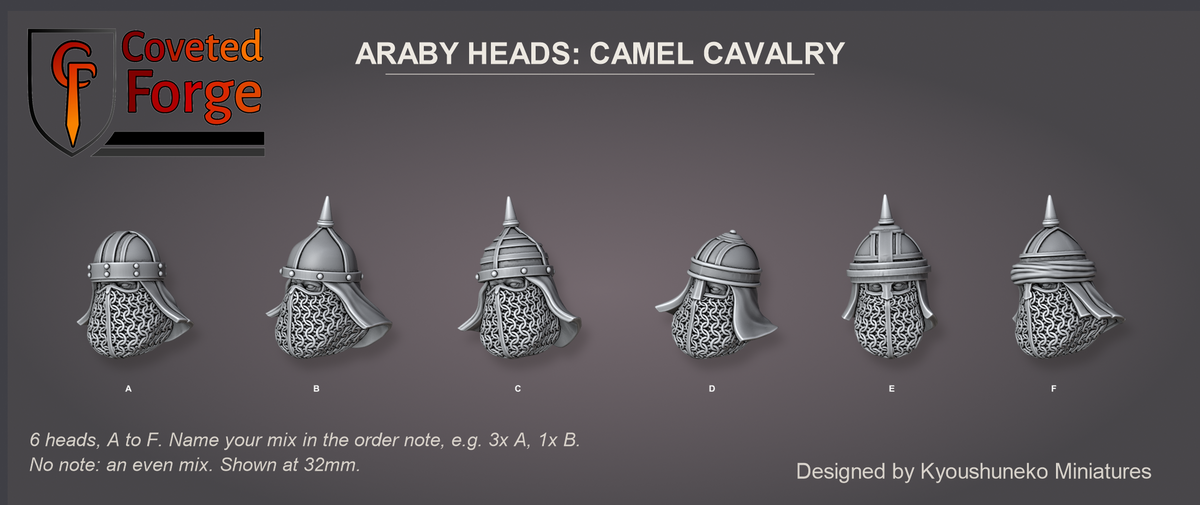 Coveted Forge bits sheet: Heads (6 of 15), Araby Heads Camel Cavalry style guide, 6 different heads lettered A to F to name in the order note, shown at 32mm, resin heads with neck pegs by Kyoushuneko Miniatures.