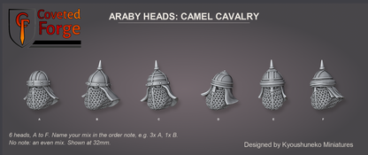 Coveted Forge bits sheet: Heads (6 of 15), Araby Heads Camel Cavalry style guide, 6 different heads lettered A to F to name in the order note, shown at 32mm, resin heads with neck pegs by Kyoushuneko Miniatures.
