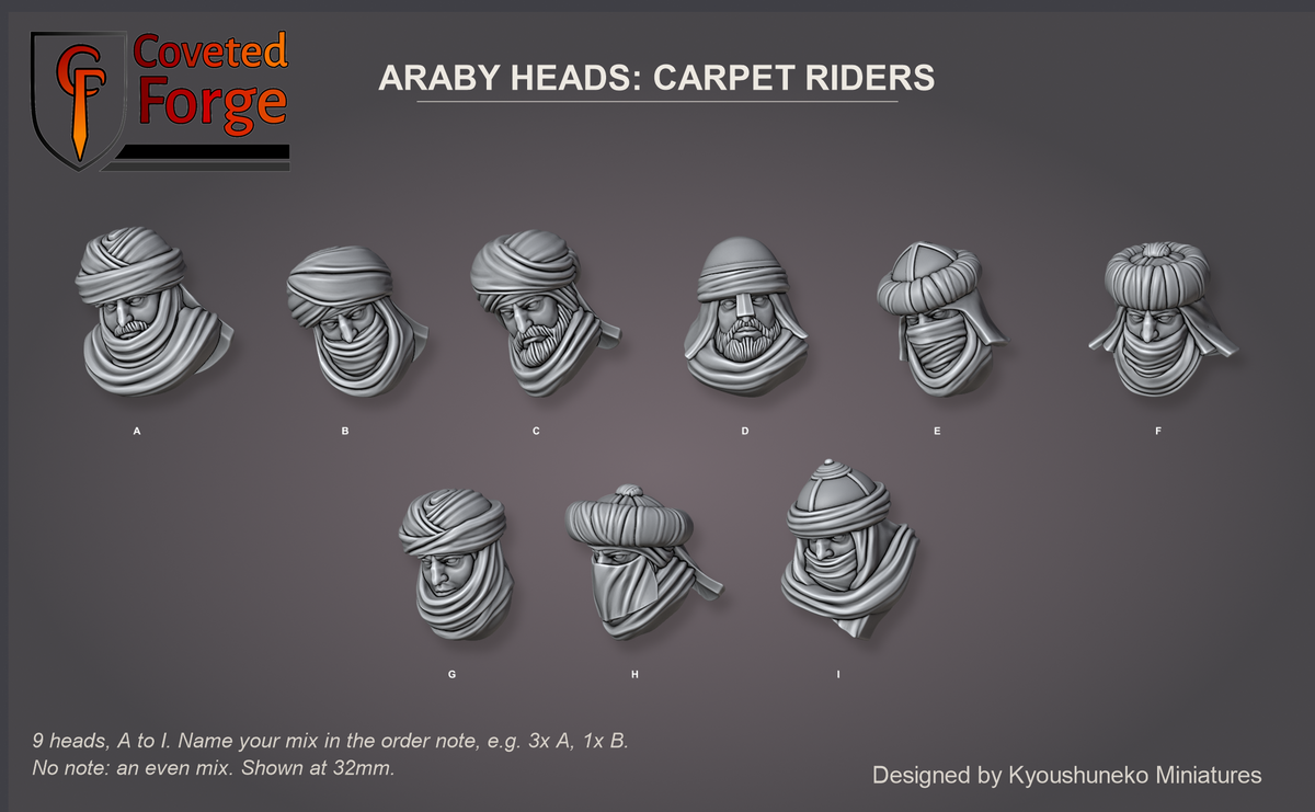 Coveted Forge bits sheet: Heads (11 of 15), Araby Heads Carpet Riders style guide, 9 different heads lettered A to I to name in the order note, shown at 32mm, resin heads with neck pegs by Kyoushuneko Miniatures.