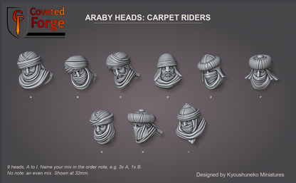 Coveted Forge bits sheet: Heads (11 of 15), Araby Heads Carpet Riders style guide, 9 different heads lettered A to I to name in the order note, shown at 32mm, resin heads with neck pegs by Kyoushuneko Miniatures.