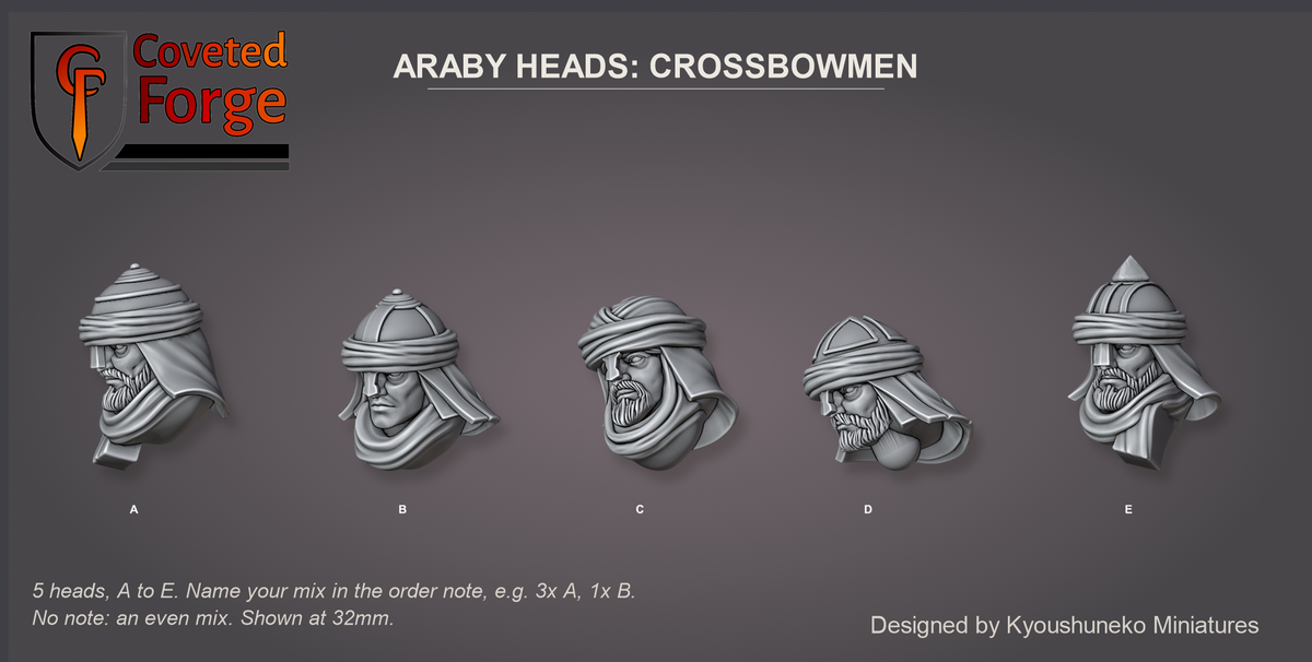 Coveted Forge bits sheet: Heads (9 of 15), Araby Heads Crossbowmen style guide, 5 different heads lettered A to E to name in the order note, shown at 32mm, resin heads with neck pegs by Kyoushuneko Miniatures.