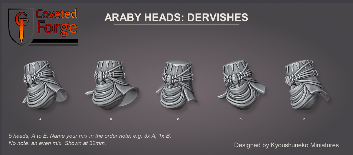 Coveted Forge bits sheet: Heads (10 of 15), Araby Heads Dervishes style guide, 5 different heads lettered A to E to name in the order note, shown at 32mm, resin heads with neck pegs by Kyoushuneko Miniatures.