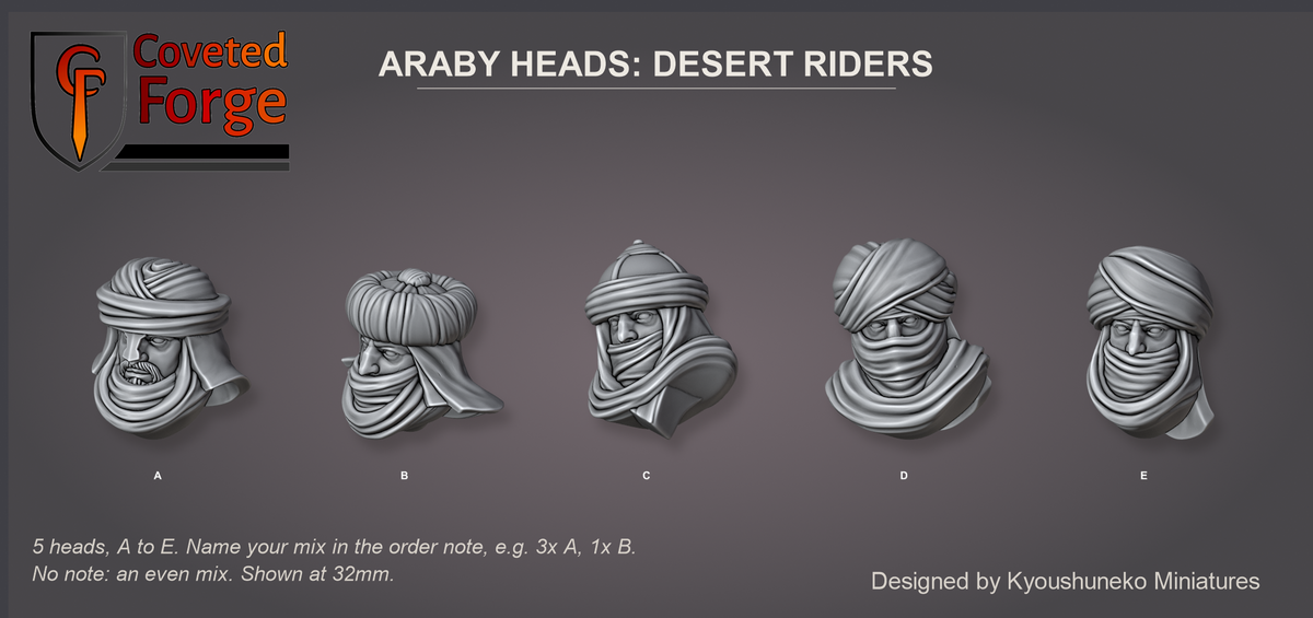 Coveted Forge bits sheet: Heads (7 of 15), Araby Heads Desert Riders style guide, 5 different heads lettered A to E to name in the order note, shown at 32mm, resin heads with neck pegs by Kyoushuneko Miniatures.