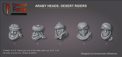 Coveted Forge bits sheet: Heads (7 of 15), Araby Heads Desert Riders style guide, 5 different heads lettered A to E to name in the order note, shown at 32mm, resin heads with neck pegs by Kyoushuneko Miniatures.