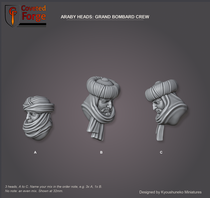 Coveted Forge bits sheet: Heads (14 of 15), Araby Heads Grand Bombard Crew style guide, 3 different heads lettered A to C to name in the order note, shown at 32mm, resin heads with neck pegs by Kyoushuneko Miniatures.