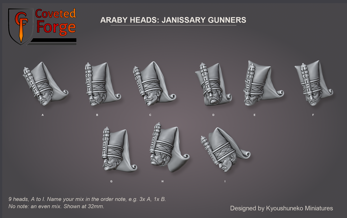 Coveted Forge bits sheet: Heads (2 of 15), Araby Heads Janissary Gunners style guide, 9 different heads lettered A to I to name in the order note, shown at 32mm, resin heads with neck pegs by Kyoushuneko Miniatures.