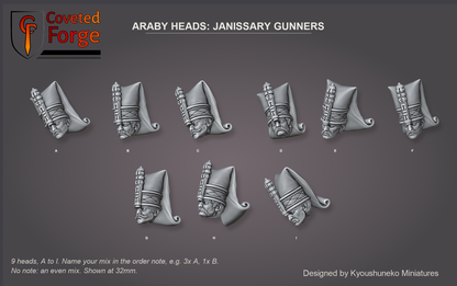 Coveted Forge bits sheet: Heads (2 of 15), Araby Heads Janissary Gunners style guide, 9 different heads lettered A to I to name in the order note, shown at 32mm, resin heads with neck pegs by Kyoushuneko Miniatures.
