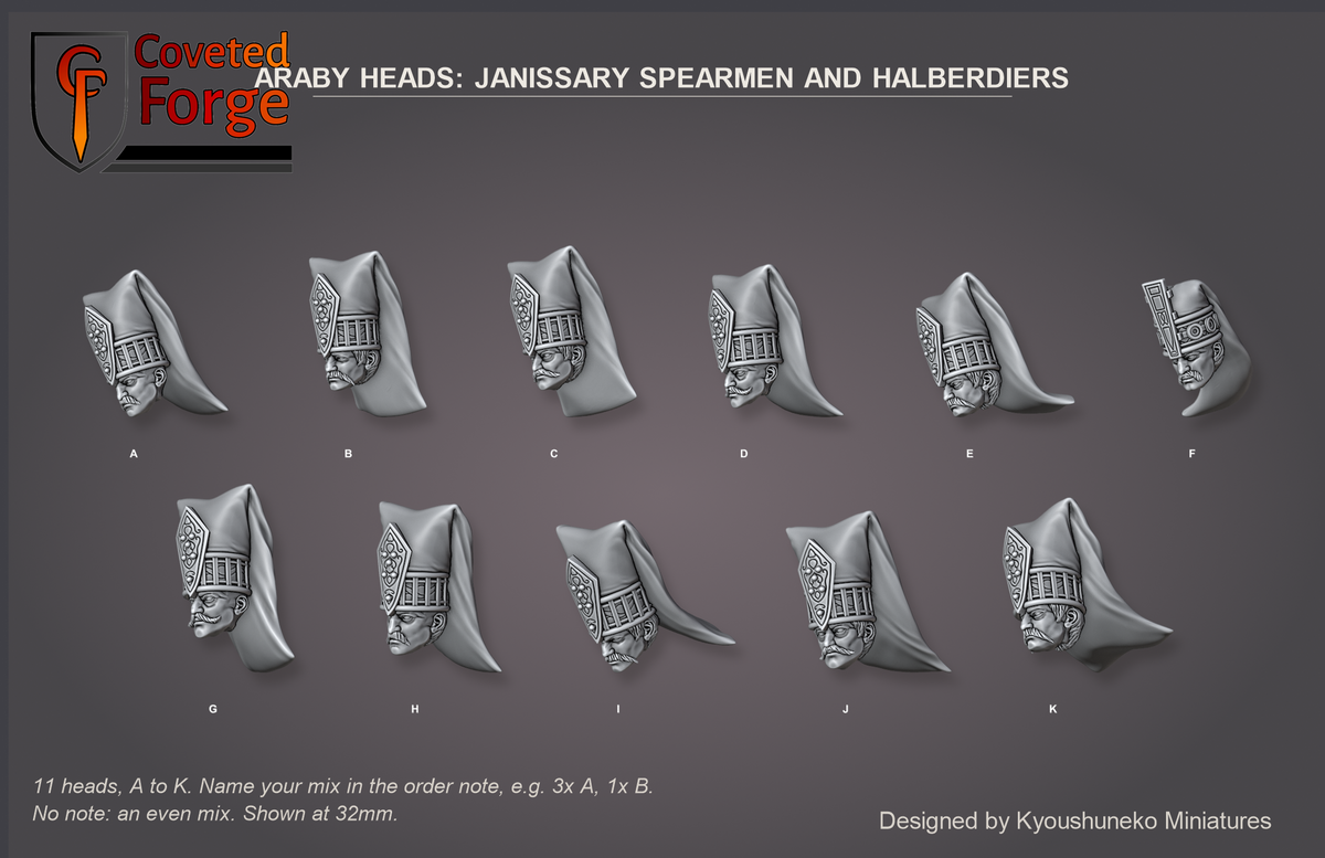 Coveted Forge bits sheet: Heads (3 of 15), Araby Heads Janissary Spearmen and Halberdiers style guide, 11 different heads lettered A to K to name in the order note, shown at 32mm, resin heads with neck pegs by Kyoushuneko Miniatures.