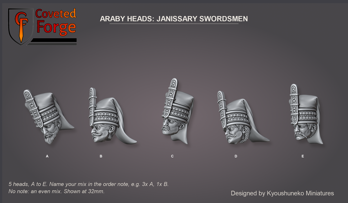 Coveted Forge bits sheet: Heads (4 of 15), Araby Heads Janissary Swordsmen style guide, 5 different heads lettered A to E to name in the order note, shown at 32mm, resin heads with neck pegs by Kyoushuneko Miniatures.