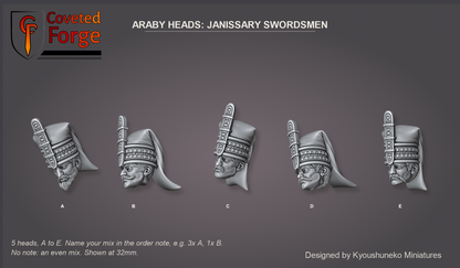 Coveted Forge bits sheet: Heads (4 of 15), Araby Heads Janissary Swordsmen style guide, 5 different heads lettered A to E to name in the order note, shown at 32mm, resin heads with neck pegs by Kyoushuneko Miniatures.