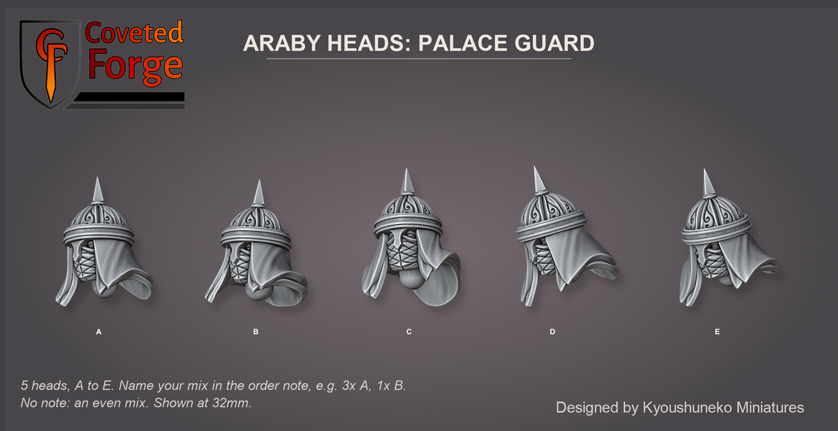 Coveted Forge bits sheet: Heads (5 of 15), Araby Heads Palace Guard style guide, 5 different heads lettered A to E to name in the order note, shown at 32mm, resin heads with neck pegs by Kyoushuneko Miniatures.