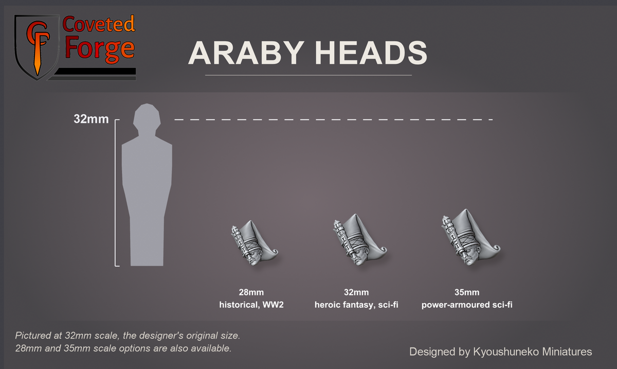 Coveted Forge scale reference: one Araby Janissary Gunners head at 28mm, 32mm and 35mm scale beside a 32mm human silhouette, front three-quarter view, each scale labelled with the ranges it suits (28mm historical and WW2, 32mm heroic fantasy and sci-fi, 35mm power-armoured sci-fi); 32mm is the designer's original size, a downscaled 28mm and an upscaled 35mm option are also available; every head style is the same scale.