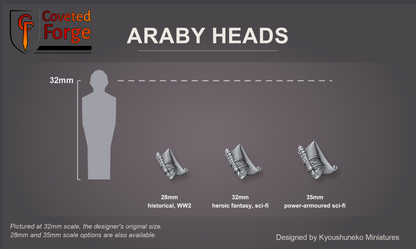 Coveted Forge scale reference: one Araby Janissary Gunners head at 28mm, 32mm and 35mm scale beside a 32mm human silhouette, front three-quarter view, each scale labelled with the ranges it suits (28mm historical and WW2, 32mm heroic fantasy and sci-fi, 35mm power-armoured sci-fi); 32mm is the designer's original size, a downscaled 28mm and an upscaled 35mm option are also available; every head style is the same scale.