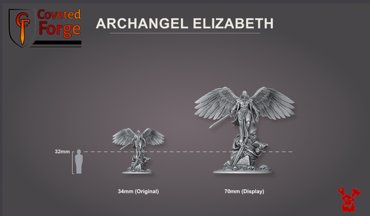 Render of Archangel Elizabeth | Sci-Fi Living Saint | Sororitas Resin Proxy: This winged saint carries a sword over a fallen foe. 3D printed resin miniature, used as a Saint Celestine and Sisters of Battle Living Saint proxy.
