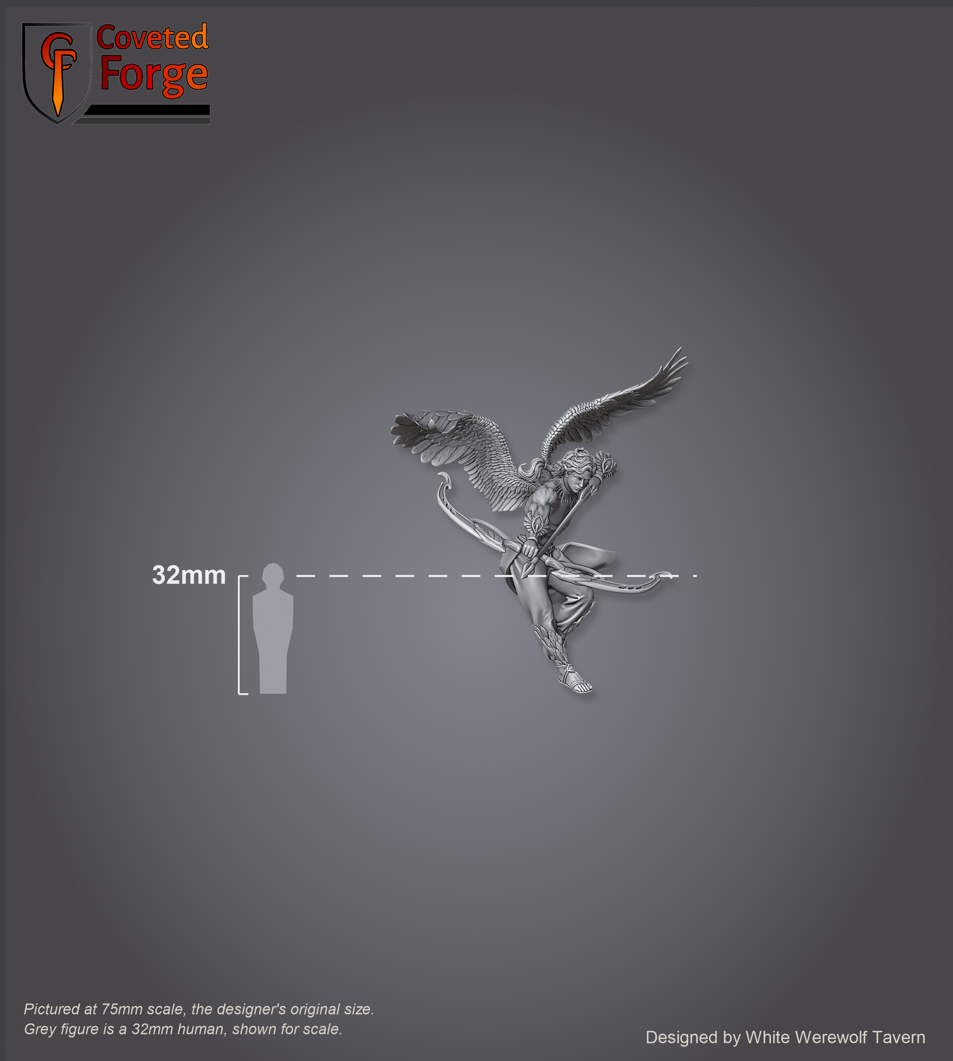 Scale reference: Angel Archer Display Model at 75mm scale beside a 32mm human silhouette