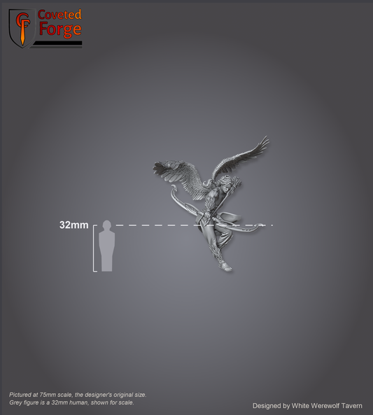 Scale reference: Angel Archer Display Model at 75mm scale beside a 32mm human silhouette