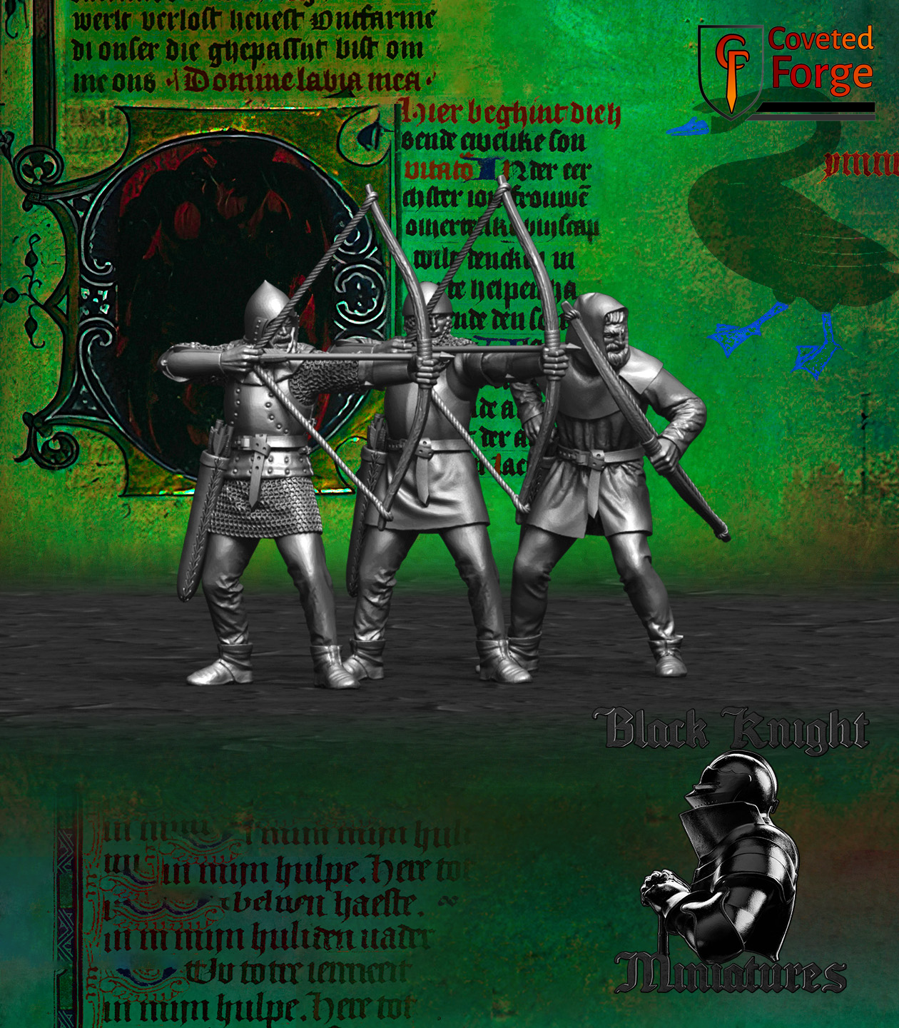 Three Hussite archers drawing bows, alternate view