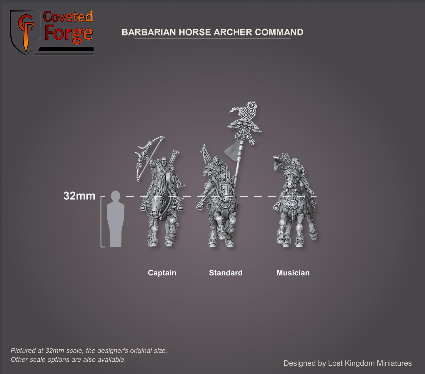 Scale reference render of the barbarian horse archer command group beside a 32mm human silhouette