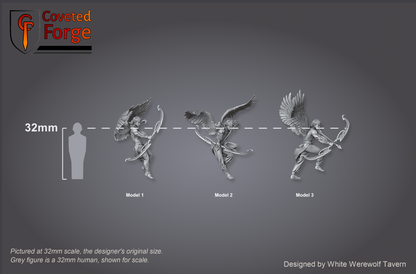 Scale reference: all three Angel Archer models at 32mm scale beside a 32mm human silhouette