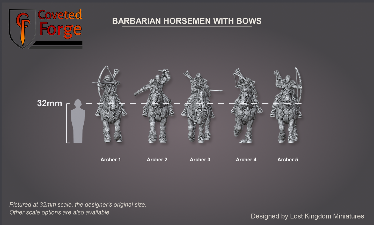 Scale reference render of the five barbarian horse archers beside a 32mm human silhouette