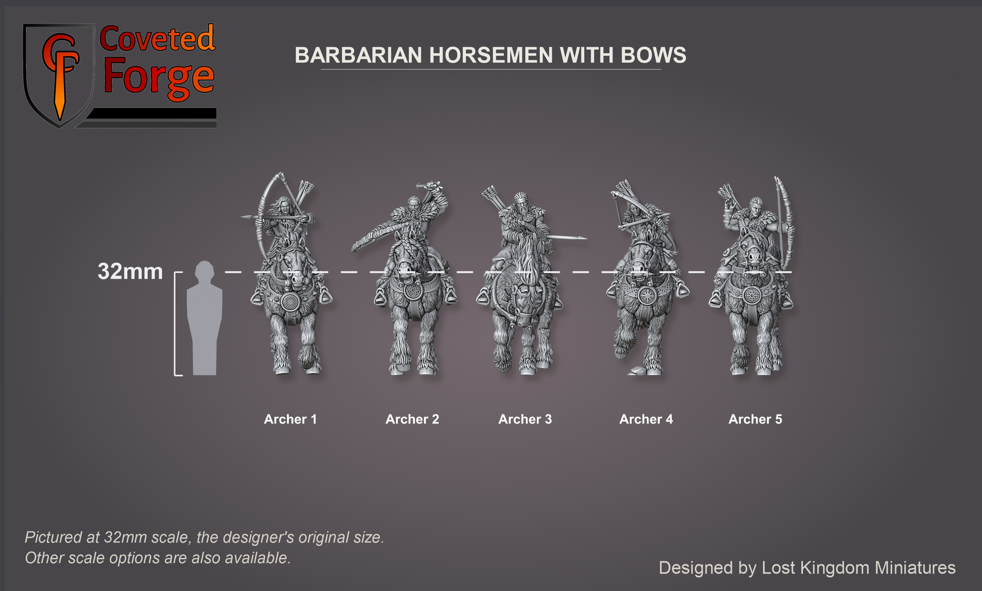 Scale reference render of the five barbarian horse archers beside a 32mm human silhouette