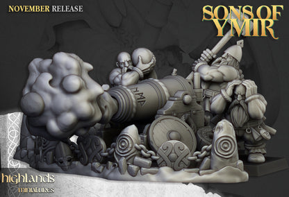 Dwarf cannon firing with smoke and crew, deployed on a scenic base