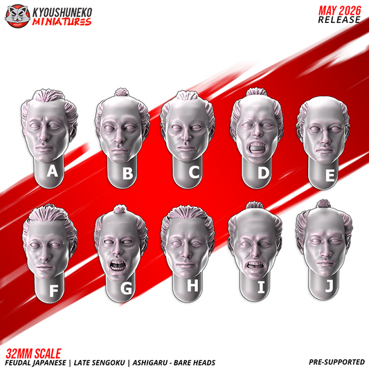 Ashigaru Bare Heads, ten bare resin head swaps with topknots, numbered A to J