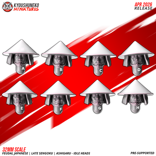 Ashigaru Idle Heads, eight conical-hat resin head swaps for feudal Japanese miniatures, numbered A to H