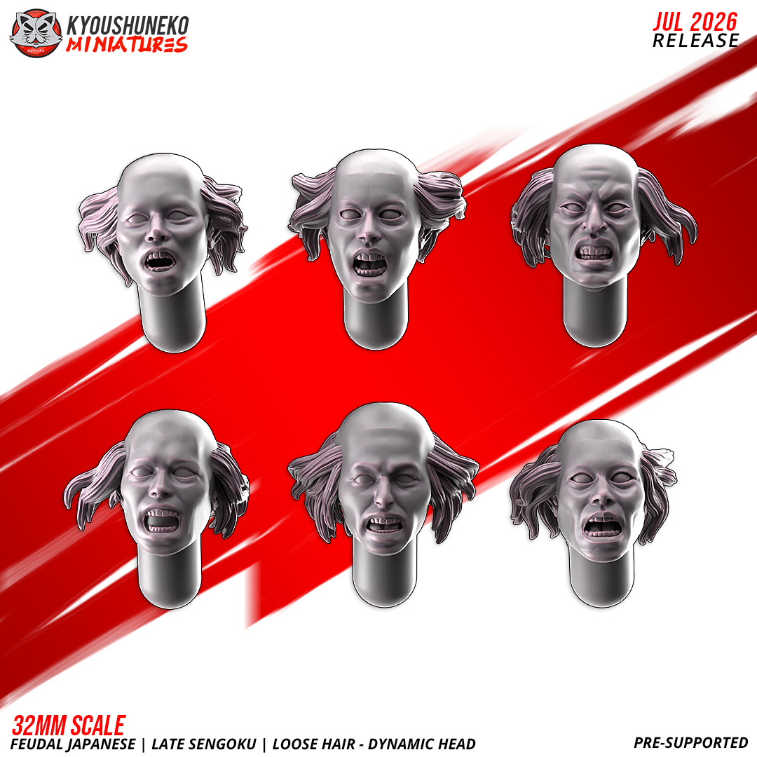 Six dynamic shouting loose-hair heads for feudal Japanese ashigaru, open-mouth faces with flowing hair, resin kitbash bits by Kyoushuneko Miniatures