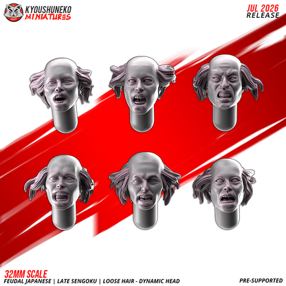 Six dynamic shouting loose-hair heads for feudal Japanese ashigaru, open-mouth faces with flowing hair, resin kitbash bits by Kyoushuneko Miniatures