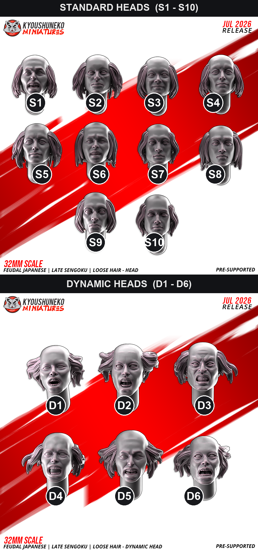 Numbered reference grid of all sixteen ashigaru loose-hair heads: standard heads S1 to S10 and dynamic heads D1 to D6, for specifying which heads to include