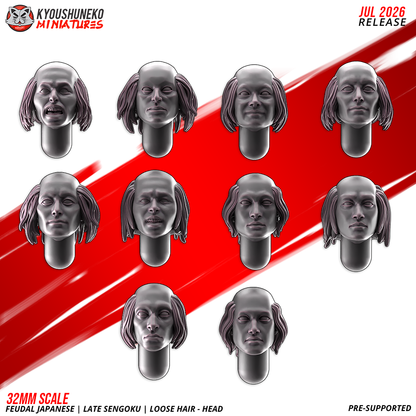 Ten standard loose-hair heads for feudal Japanese ashigaru, calm faces with flowing side hair on neck plugs, resin kitbash bits by Kyoushuneko Miniatures