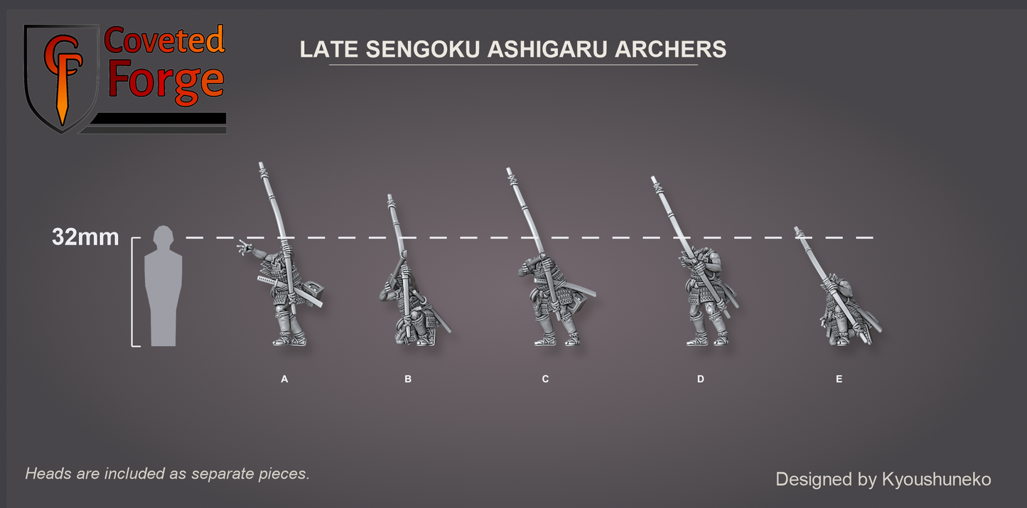 Coveted Forge scale reference: Late Sengoku Ashigaru Archers beside a 32mm human silhouette, heads included as separate pieces.