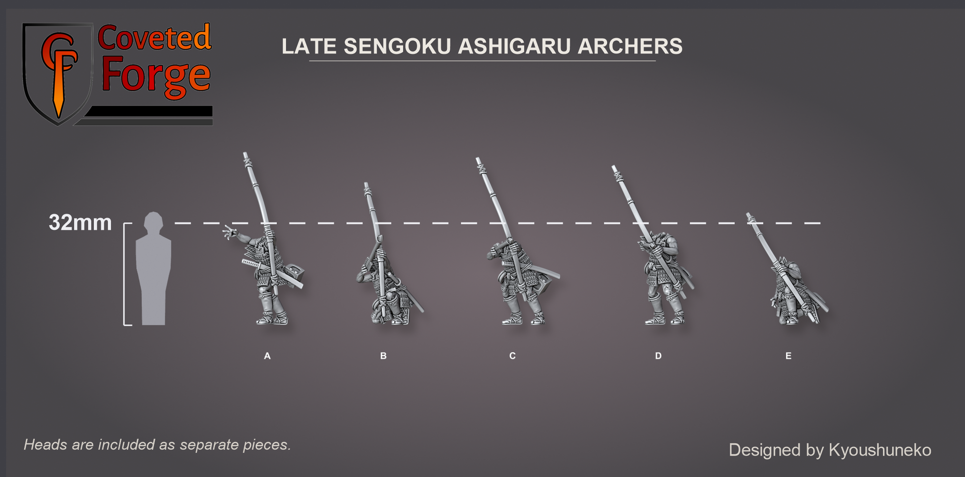 Coveted Forge scale reference: Late Sengoku Ashigaru Archers beside a 32mm human silhouette, heads included as separate pieces.