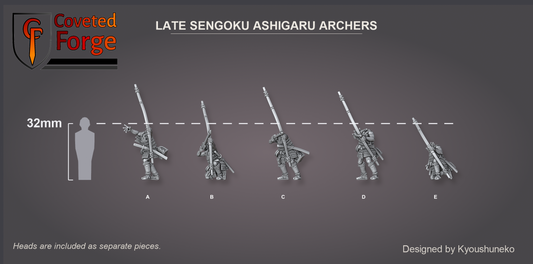 Coveted Forge scale reference: Late Sengoku Ashigaru Archers beside a 32mm human silhouette, heads included as separate pieces.