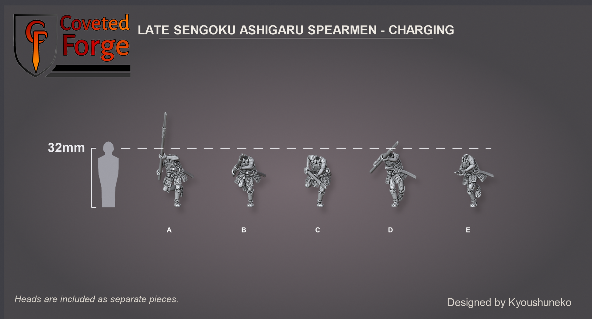 Coveted Forge scale reference: Late Sengoku Ashigaru Spearmen charging beside a 32mm human silhouette, heads included as separate pieces.