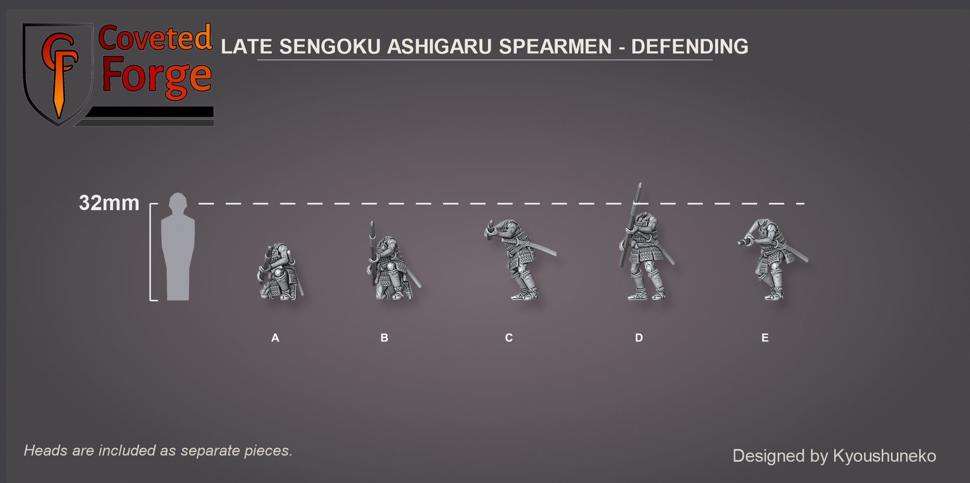 Coveted Forge scale reference: Late Sengoku Ashigaru Spearmen defending beside a 32mm human silhouette, heads included as separate pieces.