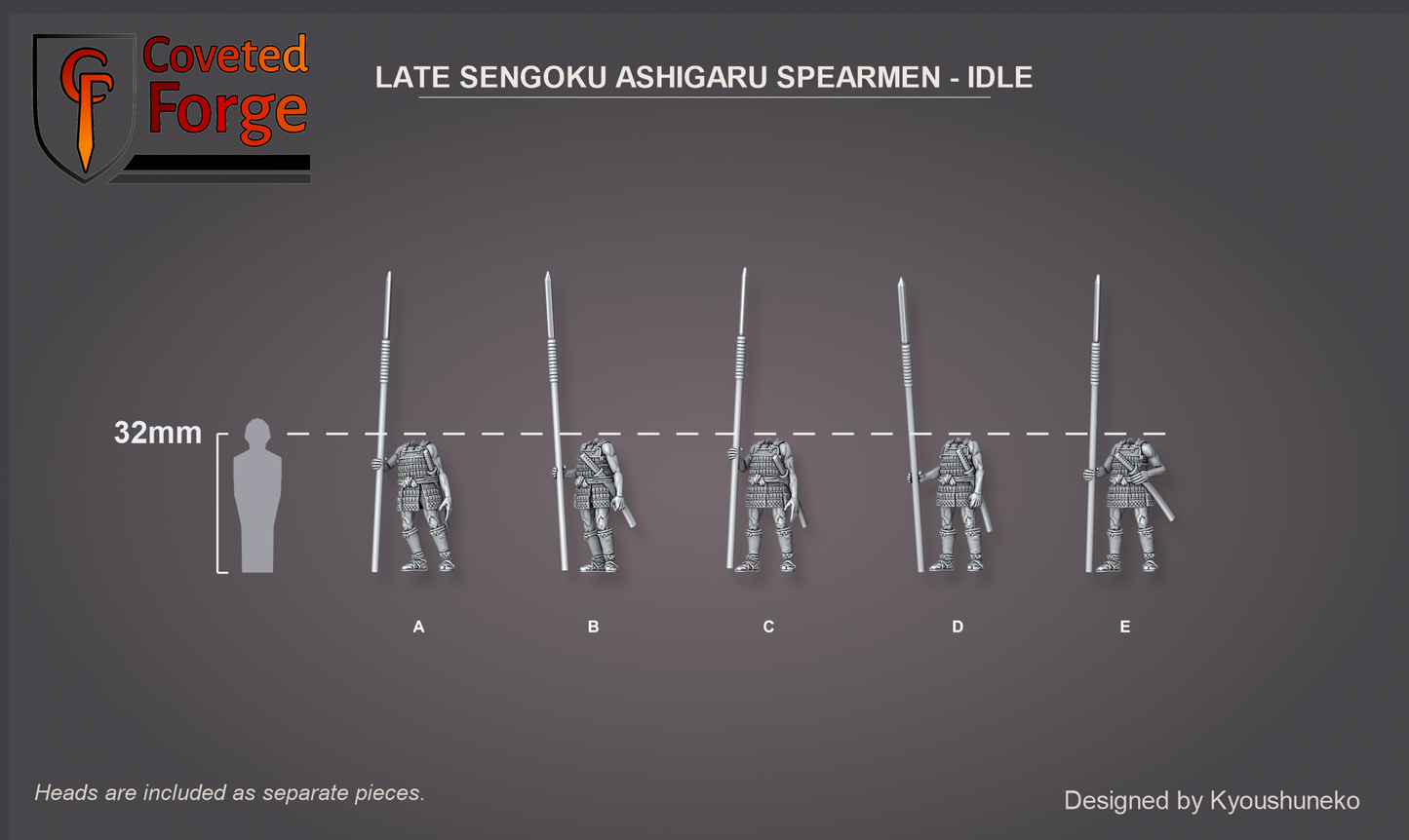 Coveted Forge scale reference: Late Sengoku Ashigaru Spearmen idle beside a 32mm human silhouette, heads included as separate pieces.