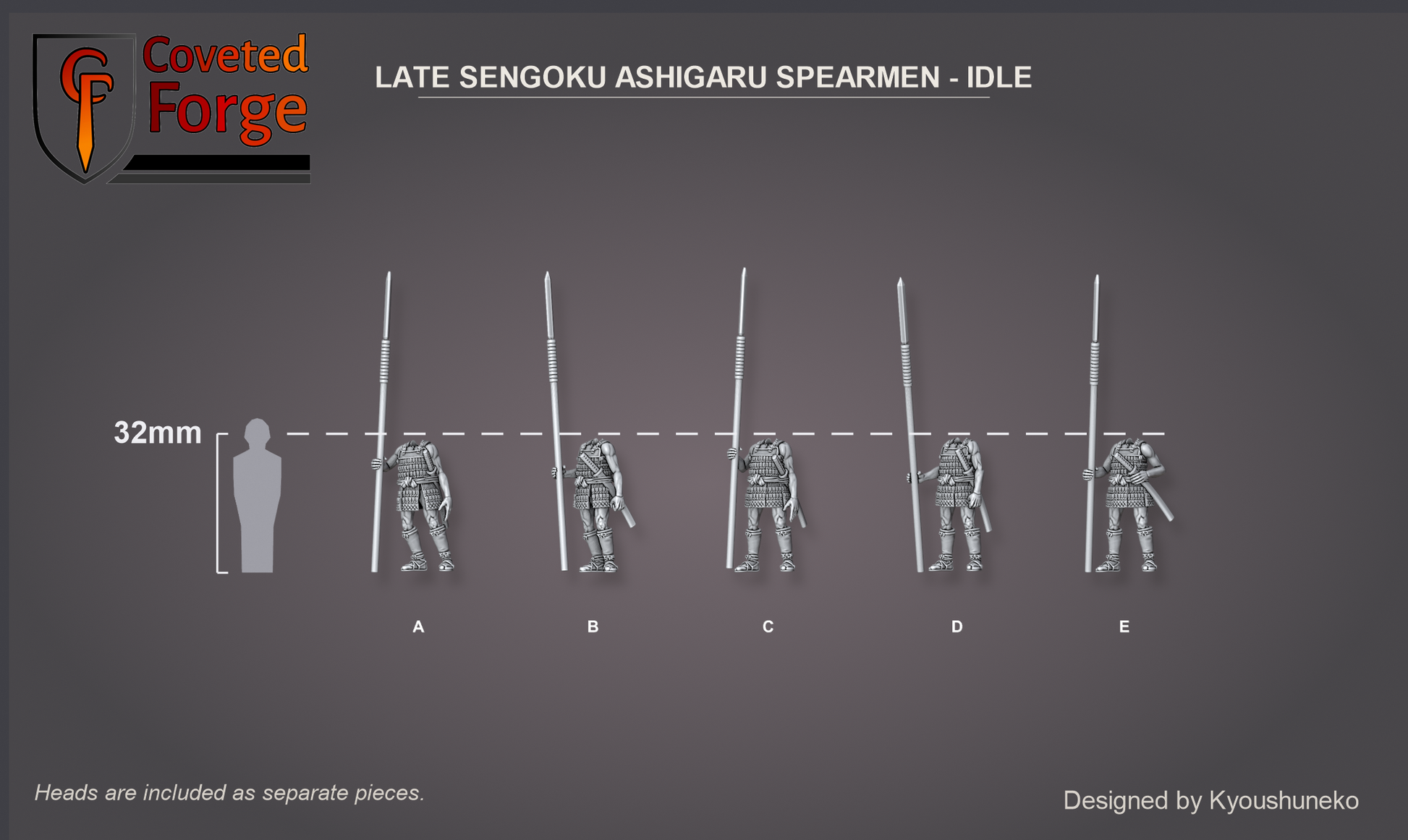 Coveted Forge scale reference: Late Sengoku Ashigaru Spearmen idle beside a 32mm human silhouette, heads included as separate pieces.