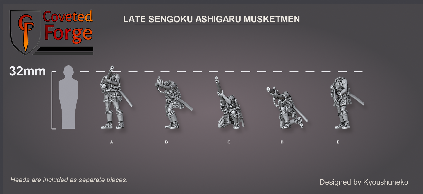 Coveted Forge scale reference: Late Sengoku Ashigaru Musketmen beside a 32mm human silhouette, heads included as separate pieces.