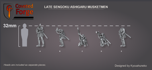 Coveted Forge scale reference: Late Sengoku Ashigaru Musketmen beside a 32mm human silhouette, heads included as separate pieces.