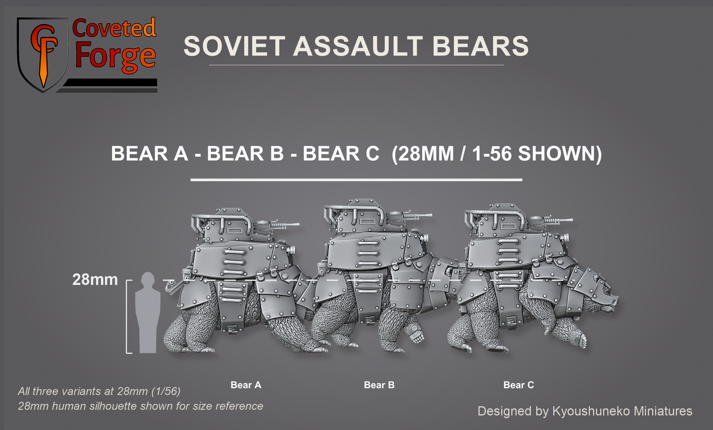 Soviet Assault Bears - Bear A, Bear B and Bear C variants at 28mm scale beside a 28mm human silhouette
