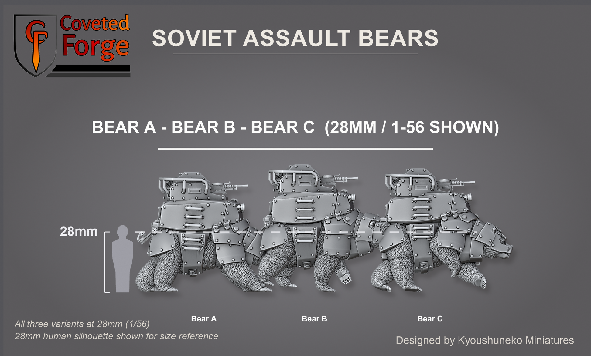 Soviet Assault Bears - Bear A, Bear B and Bear C variants at 28mm scale beside a 28mm human silhouette